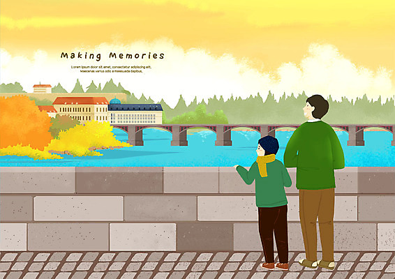 전신 PSD 응시 남자 어린이 여행 일러스트 유럽풍경 난간 사람 성인 두명 건물 강 도시풍경 세계여행 추억 가교 국내일러스트 건축물 시선 유럽 컨셉 풍경 세계 도시 파일형식