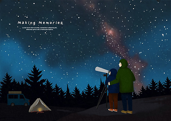 전신 PSD 남자 별 어린이 일러스트 밤하늘 텐트 사람 성인 두명 망원경 별자리 세계여행 추억 야간 숲속 관측 국내일러스트 자연요소 여행 컨셉 하늘 캠핑도구 세계 숲 파일형식