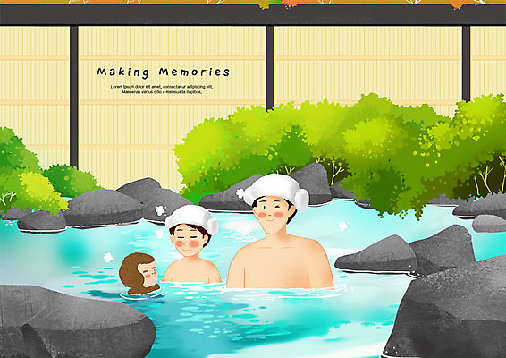 PSD 한마리 남자 어린이 여행 일러스트 미소 사람 상반신 성인 두명 수건 온천 바위 원숭이 세계여행 추억 노천탕 국내일러스트 1 컨셉 포유류 표정 위생용품 세계 스파 돌_바위 파일형식