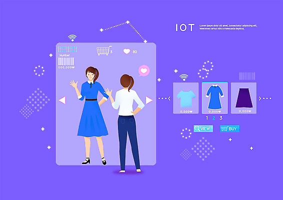 전신 PSD 옷 원피스 여자 셔츠 일러스트 집안 사람 성인 두명 치마 마주보기 보라색 사회이슈 장바구니 옷입기 편리함 사물인터넷 증강현실 가상현실 국내일러스트 컬러 컨셉 상의 모션 하의 실내 정보기술 쇼핑 바구니 파일형식