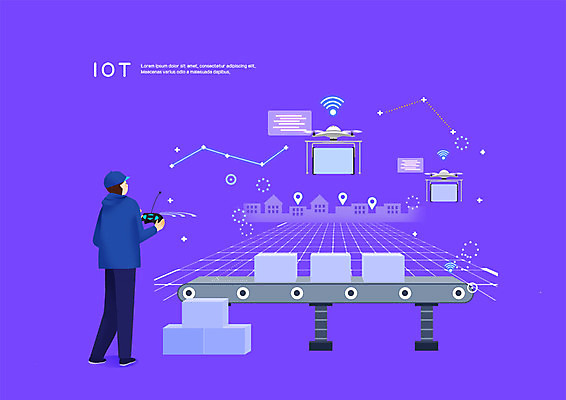 전신 PSD 남자 일러스트 공장 한명 사람 성인 상자 보라색 사회이슈 배송 택배 와이파이 택배상자 편리함 드론 조종장치 컨베어밸트 사물인터넷 증강현실 5G 모빌리티 국내일러스트 1 교통수단 컬러 컨셉 공업 정보기술 IT 기계 장비 운송업 무선인터넷 파일형식