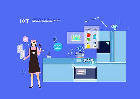 전신 PSD 여자 일러스트 집안 요리 한명 사람 성인 주방 보라색 앞치마 오븐 냄비 사회이슈 주걱 냉장고 편리함 사물인터넷 증강현실 국내일러스트 1 컬러 컨셉 주방용품 실내 정보기술 가전제품 솥 파일형식