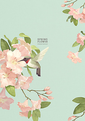 PSD 한마리 꽃 백그라운드 일러스트 따뜻함 사람없음 연두색 봄 진달래 계절백그라운드 벌새 파스텔톤 카피스페이스 봄배경 국내일러스트 식물 1 계절 컬러 초록색 공백 파일형식