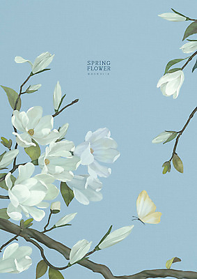 PSD 한마리 꽃 나비 백그라운드 일러스트 따뜻함 사람없음 파란색 봄 계절백그라운드 목련 파스텔톤 카피스페이스 봄배경 국내일러스트 식물 1 계절 컬러 곤충 공백 파일형식