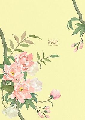 PSD 꽃 분홍색 백그라운드 일러스트 따뜻함 사람없음 노란색 봄 계절백그라운드 모란 파스텔톤 카피스페이스 봄배경 국내일러스트 식물 계절 컬러 공백 파일형식