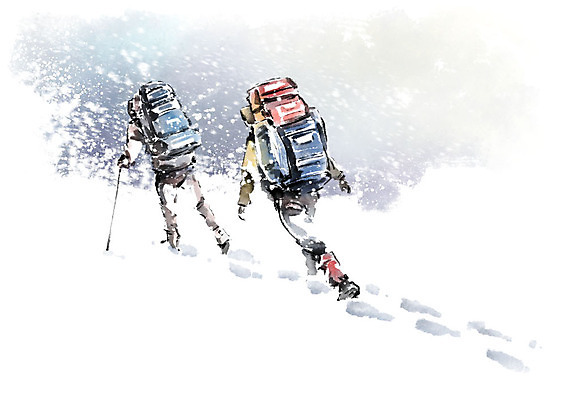 전신 PSD 남자 겨울 일러스트 캘리그라피 배낭 붓터치 사람 성인 두명 걷기 등산 발자국 등산객 오르기 번짐 눈보라 동반 등산스틱 국내일러스트 계절 가방 자국 모션 눈_날씨 트래킹 등산용품 파일형식 효과