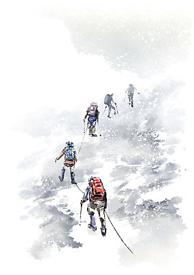 전신 PSD 남자 겨울 일러스트 캘리그라피 붓터치 흑백 사람 여러명 성인 등산 등산객 오르기 번짐 겨울산 눈보라 동반 로프고리 스틱램프 국내일러스트 계절 다수 모션 산 눈_날씨 촬영기법 트래킹 파일형식 효과