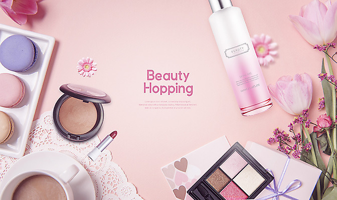 PSD 편집이미지 꽃 커피 분홍색 선물 사람없음 선물상자 화장 뷰티 화장품 립스틱 튤립 스킨 아이섀도 마카롱 카피스페이스 뷰티호핑족 이미지편집 식물 음료 컬러 디저트 상자 공백 파일형식 호핑족