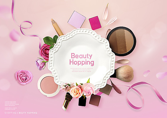 PSD 편집이미지 접시 꽃잎 꽃 리본 분홍색 사람없음 컬러풀 화장 뷰티 장미 화장품 립스틱 볼터치 아이섀도 메이크업브러쉬 카피스페이스 뷰티호핑족 이미지편집 식물 식기 컬러 공백 붓 파일형식 호핑족