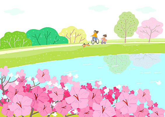 전신 PSD 나무 한마리 공원 여자 꽃 반려견 어린이 일러스트 봄꽃 모녀 사람 성인 두명 반려동물 자전거 봄풍경 봄 강아지 강가 반려 국내일러스트 식물 동물 1 계절 공공시설 딸 가족 엄마 풍경 강 바이크 개 파일형식