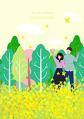 PSD 나무 커플 여자 남자 데이트 일러스트 사람 상반신 성인 두명 스마트폰 노란색 봄풍경 봄 셀프카메라 개나리 즐거움 국내일러스트 식물 계절 꽃 감정 컬러 관계 풍경 핸드폰 스마트기기 사진촬영 파일형식