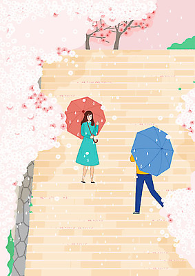 전신 PSD 커플 여자 남자 분홍색 데이트 일러스트 우산 사람 성인 두명 계단 봄풍경 봄 벚꽃 벚나무 국내일러스트 나무 계절 꽃 컬러 관계 풍경 파일형식
