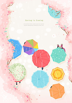 PSD 여자 남자 어린이 분홍색 일러스트 우산 사람 여러명 하이앵글 컬러풀 걷기 봄풍경 봄 벚꽃 비 즐거움 국내일러스트 자연요소 계절 꽃 감정 뷰포인트 컬러 다수 모션 날씨 풍경 파일형식