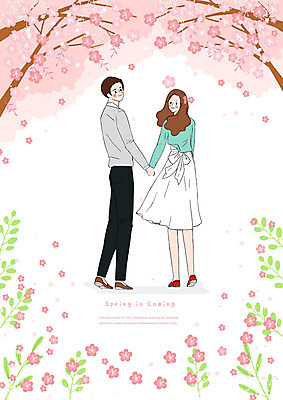전신 PSD 커플 여자 남자 분홍색 데이트 일러스트 사람 성인 두명 걷기 손잡기 봄풍경 봄 산책 벚꽃 뒤돌아보기 국내일러스트 계절 꽃 컬러 관계 모션 휴식 풍경 파일형식