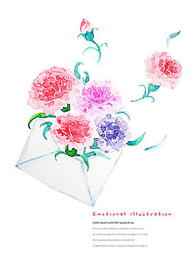 PSD 식물 꽃 여러송이 잎 일러스트 붓터치 편지봉투 수채화 따뜻함 사람없음 화려 편지 카네이션 번짐 감성 국내일러스트 다수 컨셉 봉투 파일형식 효과