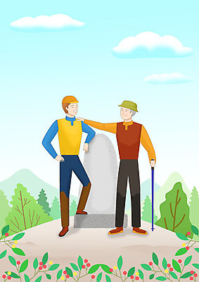 전신 PSD 구름 노년 남자 행복 아들 여유 여행 일러스트 가족 하늘 사랑 사람 풍경 성인 취미 두명 파란색 봄풍경 봄 등산 트래킹 정상 비석 힐링 등산스틱 봄소풍 부자지간 남자만 어깨에손 국내일러스트 자연요소 계절 감정 컬러 관계 모션 레저 소풍 아빠 등산용품 파일형식