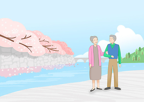 전신 PSD 여자 노년 남자 행복 여유 일러스트 가족 사랑 미소 사람 풍경 두명 걷기 팔짱 노부부 봄풍경 봄 산책 벚꽃 강가 힐링 꽃구경 봄소풍 노인만 봄축제 국내일러스트 부부 계절 꽃 감정 관계 모션 휴식 표정 성인 강 소풍 축제 성인만 파일형식