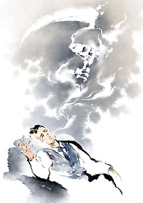 PSD 남자 캠페인 의자 일러스트 캘리그라피 붓터치 해골 흑백 한명 사람 앉기 상반신 성인 파란색 소파 기댐 죽음 잠 연기 번짐 금연 담배연기 국내일러스트 1 컬러 가구 모션 뼈 촬영기법 사회이슈 파일형식 효과