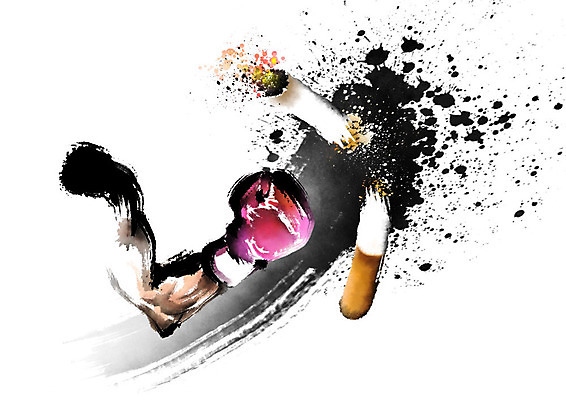 PSD 손 캠페인 분홍색 일러스트 캘리그라피 붓터치 담배 흑백 건강 신체부위 노란색 검은색 권투 권투글러브 펀치 자르기 번짐 금연 담배꽁초 팔 국내일러스트 컬러 모션 촬영기법 사람 격투기 글러브 사회이슈 파일형식 효과