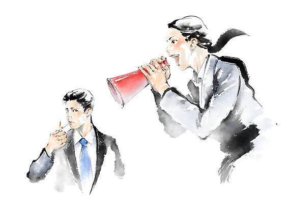 PSD 여자 남자 캠페인 일러스트 캘리그라피 붓터치 흑백 건강 사람 정장 상반신 성인 두명 빨간색 확성기 외침 피해 금지 직장인 번짐 금연 공공예절 담뱃불 국내일러스트 직업 옷 컬러 담배 촬영기법 소리 예절 사회이슈 파일형식 효과