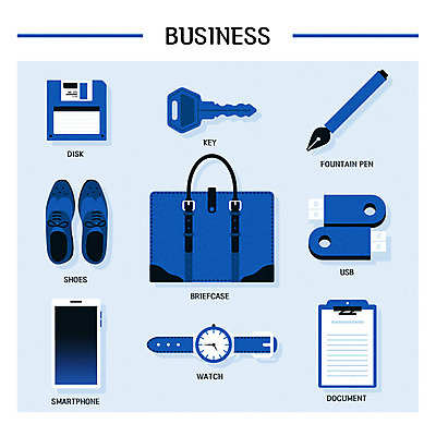 아이콘 구두 서류가방 비즈니스 열쇠 사람없음 파란색 스마트폰 만년필 플로피디스크 USB 손목시계 문서 파일 2D아이콘 AI파일 시계 컬러 신발 가방 장신구 핸드폰 스마트기기 펜 파일형식 벡터