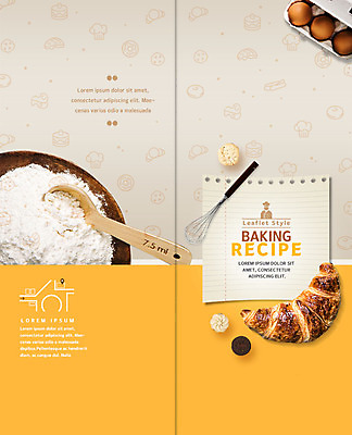 PSD 템플릿 표지디자인 북디자인 출판디자인 표지 빵 리플렛 2단접지 북커버 주방용품 팜플렛 사람없음 노란색 계란 크루아상 밀가루 제빵 레시피 계량스푼 이미지템플릿 음식 컬러 생활용품 제과제빵 알 가루 파일형식