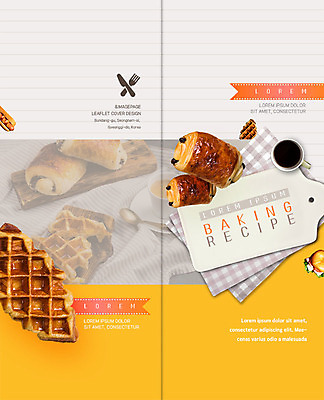 PSD 템플릿 표지디자인 북디자인 출판디자인 표지 커피 빵 리플렛 포크 2단접지 북커버 도마 팜플렛 사람없음 노란색 식탁보 나이프 제빵 레시피 와플 이미지템플릿 식기 음료 음식 컬러 주방용품 디저트 제과제빵 칼 파일형식