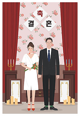 전신 원피스 여자 남자 부케 결혼 일러스트 초 서기 사람 정장 성인 두명 빨간색 손잡기 기쁨 커튼 축복 복고 촛대 신랑신부 뉴트로 국내일러스트 AI파일 옷 감정 신부_웨딩 컬러 꽃다발 신랑 컨셉 모션 이벤트 파일형식 벡터