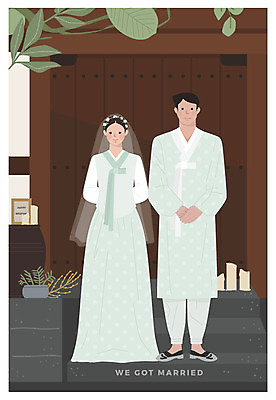 전신 여자 남자 결혼 일러스트 나뭇잎 한옥 서기 사람 성인 두명 갈색 계단 기쁨 나뭇가지 축복 한복 복고 신랑신부 뉴트로 국내일러스트 AI파일 나무 한국전통 감정 신부_웨딩 컬러 신랑 컨셉 고건축 잎 모션 이벤트 전통의상 파일형식 벡터