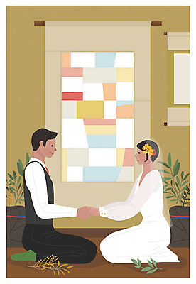 전신 부부 커플 여자 남자 결혼 일러스트 한옥 사람 성인 두명 전통무늬 마주보기 손잡기 기쁨 보자기 축복 무릎꿇기 복고 마주앉기 신랑신부 뉴트로 국내일러스트 AI파일 한국전통 전통 감정 신부_웨딩 신랑 컨셉 고건축 무늬 관계 모션 앉기 이벤트 파일형식 벡터 천_직물