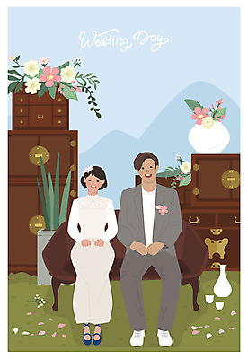 전신 드레스 여자 남자 꽃 화분 결혼 일러스트 사람 앉기 정장 성인 두명 소파 갈색 꽃병 기쁨 장롱 복고 고가구 신랑신부 뉴트로 국내일러스트 AI파일 식물 옷 감정 신부_웨딩 컬러 가구 신랑 의자 모션 이벤트 파일형식 벡터