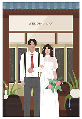 전신 전통 여자 남자 화분 부케 결혼 일러스트 한옥 사람 성인 두명 갈색 기쁨 항아리 축복 복고 병풍 신랑신부 기와담장 뉴트로 국내일러스트 AI파일 한국전통 감정 신부_웨딩 컬러 꽃다발 신랑 컨셉 고건축 기와 이벤트 담장 도자기 파일형식 벡터