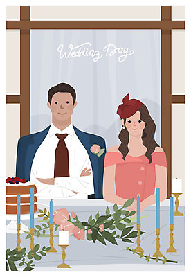 원피스 여자 남자 꽃 하늘색 결혼 일러스트 초 식탁 탁자 미소 사람 상반신 성인 두명 케이크 기쁨 축복 복고 촛대 신랑신부 뉴트로 국내일러스트 AI파일 식물 옷 감정 신부_웨딩 가구 신랑 컨셉 디저트 표정 이벤트 파란색 파일형식 벡터