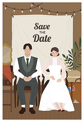 전신 드레스 여자 남자 화분 결혼 의자 일러스트 조명 미소 사람 앉기 정장 성인 두명 갈색 여행가방 기쁨 거울 나뭇가지 축복 복고 신랑신부 뉴트로 국내일러스트 AI파일 나무 옷 감정 신부_웨딩 컬러 가구 신랑 컨셉 가방 모션 표정 이벤트 파일형식 벡터