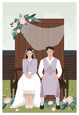 전신 여자 남자 꽃 결혼 일러스트 사람 앉기 성인 두명 장식 담장 갈색 보라색 기쁨 축복 한복 복고 신랑신부 뉴트로 국내일러스트 AI파일 식물 한국전통 감정 신부_웨딩 컬러 신랑 컨셉 모션 이벤트 전통의상 파일형식 벡터