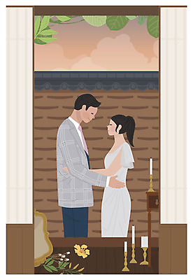 드레스 여자 남자 꽃 결혼 일러스트 안기 한옥 미소 사람 정장 상반신 성인 두명 갈색 마주보기 기쁨 축복 복고 촛대 신랑신부 기와담장 뉴트로 국내일러스트 AI파일 식물 한국전통 옷 감정 신부_웨딩 컬러 신랑 컨셉 고건축 모션 표정 기와 이벤트 담장 파일형식 벡터