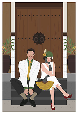 전신 커플 원피스 여자 남자 결혼 일러스트 한옥 사람 앉기 정장 성인 두명 갈색 계단 기쁨 부채 축복 복고 대문 전통문 신랑신부 뉴트로 국내일러스트 AI파일 한국전통 옷 감정 신부_웨딩 컬러 신랑 컨셉 고건축 관계 모션 이벤트 문 파일형식 벡터