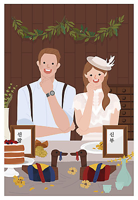 전통 드레스 여자 남자 결혼 잎 술잔 일러스트 탁자 한옥 미소 사람 상반신 성인 두명 갈색 케이크 기쁨 축복 원앙 복고 전통주 신랑신부 뉴트로 국내일러스트 AI파일 식물 한국전통 옷 감정 신부_웨딩 컬러 가구 신랑 컨셉 고건축 조류 디저트 잔 주류 표정 이벤트 파일형식 벡터