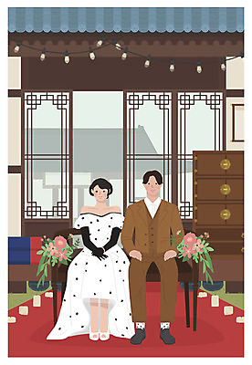 전신 여자 남자 꽃 결혼 벤치 일러스트 한옥 기와집 사람 앉기 성인 두명 갈색 기쁨 축복 복고 전통문 처마 기와지붕 고가구 레드카펫 신랑신부 뉴트로 국내일러스트 AI파일 식물 한국전통 감정 신부_웨딩 컬러 가구 신랑 컨셉 고건축 의자 모션 지붕 기와 이벤트 문 파일형식 벡터