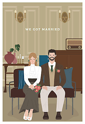 전신 여자 남자 결혼 일러스트 사람 앉기 정장 성인 두명 소파 갈색 기쁨 축복 복고 오디오 신랑신부 뉴트로 국내일러스트 AI파일 옷 감정 신부_웨딩 컬러 신랑 컨셉 의자 모션 이벤트 전자제품 파일형식 벡터