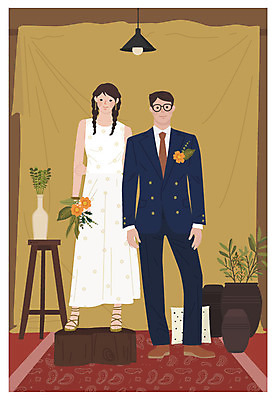 전신 식물 원피스 여자 남자 꽃 부케 결혼 일러스트 조명 들기 사람 정장 성인 두명 꽃병 기쁨 축복 천 복고 신랑신부 뉴트로 국내일러스트 AI파일 옷 감정 신부_웨딩 꽃다발 신랑 컨셉 모션 이벤트 직물 파일형식 벡터