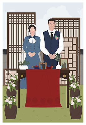 전신 여자 남자 신부 신랑 결혼 일러스트 탁자 한옥 사람 성인 두명 기쁨 축복 원앙 복고 전통문 뉴트로 국내일러스트 AI파일 한국전통 감정 가구 컨셉 고건축 조류 이벤트 문 파일형식 벡터