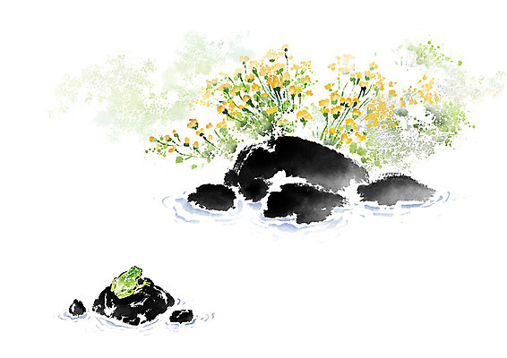 PSD 한마리 꽃 일러스트 캘리그라피 자연 붓터치 개구리 풍경 사람없음 초록색 봄 바위 개울 숲 번짐 경칩 국내일러스트 식물 1 계절 컬러 양서류 강 돌_바위 절기 생태계 파일형식 효과
