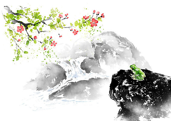 PSD 나무 꽃 일러스트 캘리그라피 자연 붓터치 개구리 풍경 사람없음 초록색 봄 바위 샘물 번짐 경칩 옹달샘 국내일러스트 식물 계절 컬러 양서류 돌_바위 절기 생태계 파일형식 효과