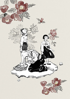 전신 PSD 여자 기념일 일러스트 청소년 국화 흑백 사람 성인 세명 제주도 한국인 슬픔 역사 한복 저고리 희생 동백 해녀 독재자 민간인 약자 해녀복장 제주4.3사건 4.3희생자추념일 국내일러스트 직업 한국전통 옷 꽃 감정 한국 촬영기법 동양인 이벤트 전통의상 파일형식 법정기념일