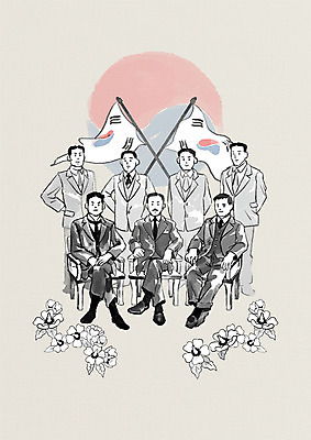 전신 PSD 기념일 남자 중년 일러스트 한국 흑백 서기 사람 앉기 정장 여러명 성인 한국인 자유 역사 태극기 무궁화 애국심 광복 독립 독립운동 독립운동가 애국자 대한민국임시정부수립기념일 국내일러스트 옷 꽃 아시아 다수 컨셉 모션 촬영기법 동양인 이벤트 국기 파일형식 법정기념일