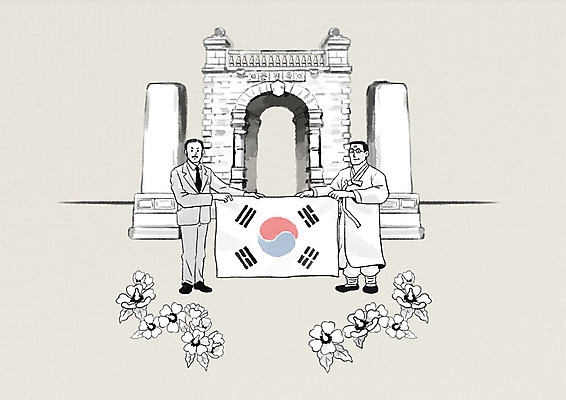 전신 PSD 기념일 남자 중년 일러스트 흑백 사람 정장 두명 한국인 자유 역사 태극기 한복 무궁화 애국심 광복 독립 독립문 독립운동 애국자 해방감 대한민국임시정부수립기념일 국내일러스트 한국전통 옷 꽃 감정 컨셉 촬영기법 동양인 이벤트 성인 국기 전통의상 파일형식 법정기념일