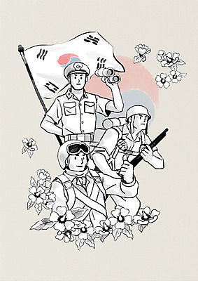 PSD 기념일 남자 일러스트 군대 한국 흑백 사람 상반신 성인 세명 망원경 한국인 자신감 역사 태극기 공군 해군 육군 무궁화 현충일 애국심 6.25전쟁 국기게양 호국정신 국내일러스트 꽃 감정 아시아 촬영기법 동양인 이벤트 국기 전쟁 파일형식 호국보훈의달
