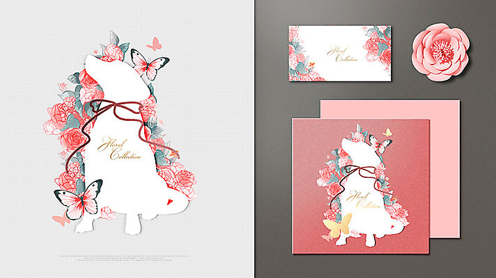 PSD 꽃 실루엣 리본 분홍색 나비 일러스트 사람없음 봄 강아지 목업 국내일러스트 카드프레임 식물 계절 컬러 곤충 프레임 촬영기법 반려동물 개 파일형식