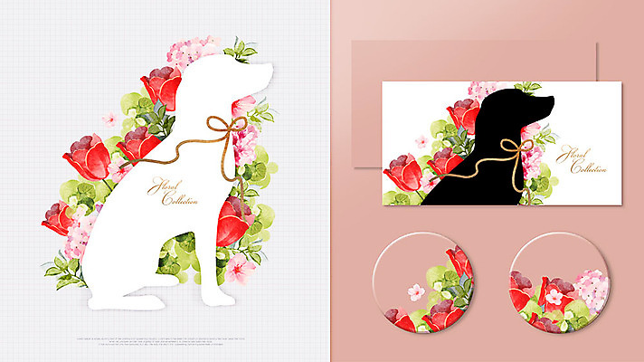 PSD 꽃 실루엣 리본 분홍색 일러스트 사람없음 빨간색 봄 강아지 목업 국내일러스트 식물 계절 컬러 촬영기법 반려동물 개 파일형식